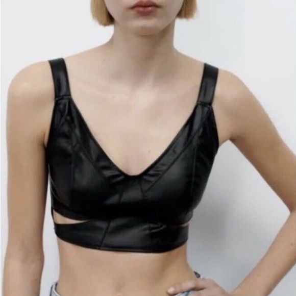 Zara Tops - NWT Zara Faux Leather Black Cropped Top With Smock Back Size XS
